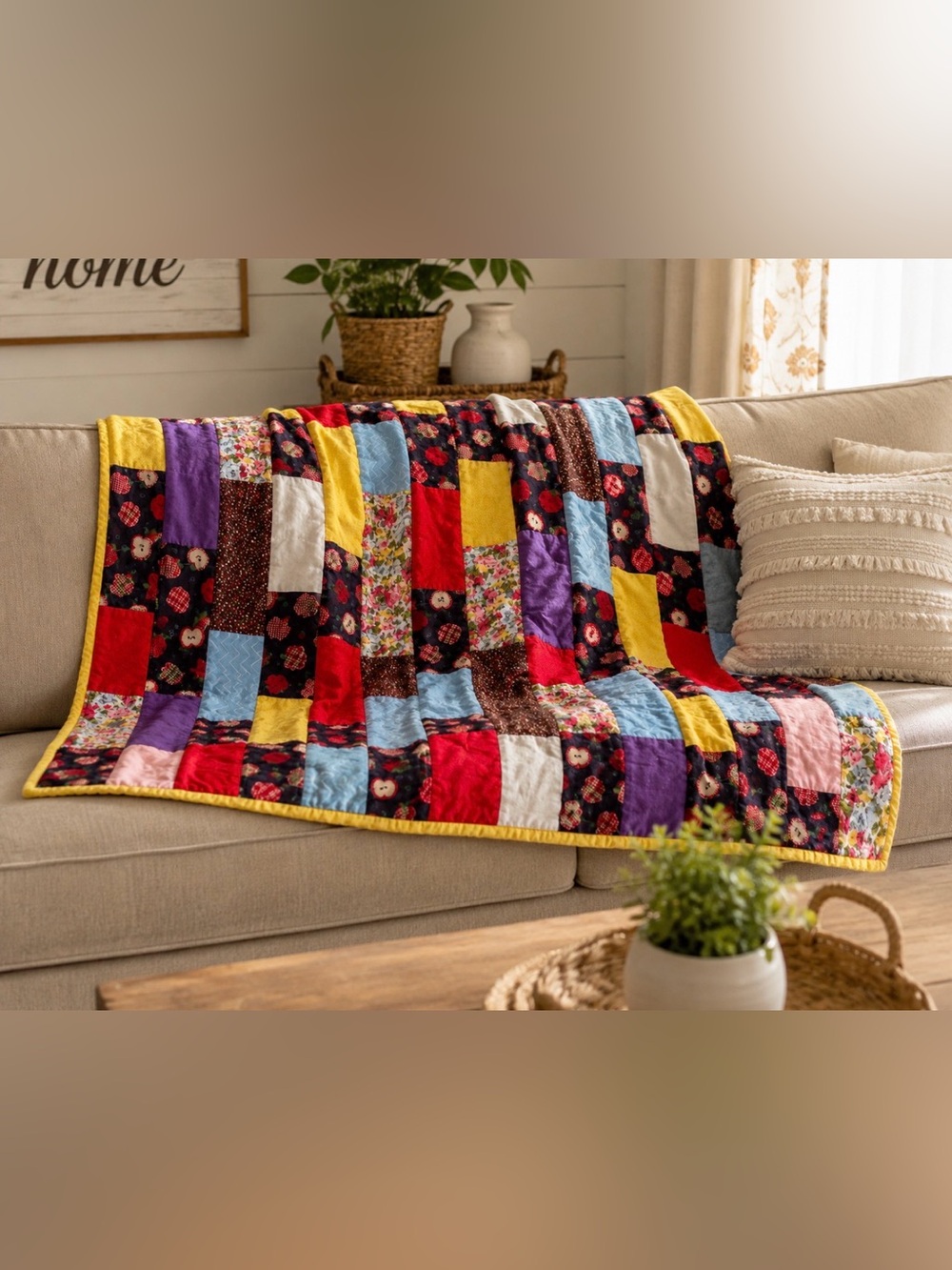 Handmade colourful cotton Patchwork Throw Blanket  39”x37” approx